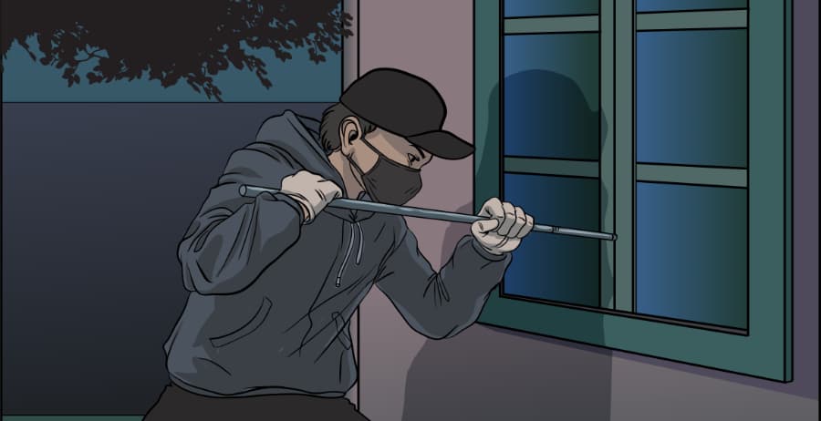 Illustration of burglar forcing entry through a window in Lafayette
