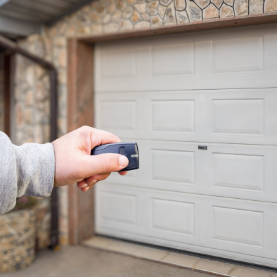 Lafayette security key fob pointing to a garage door